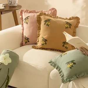 New Chinese Style Embroidered Loquat Pillow Cover Ruffled Edge Cushion Cover Home Living Room Sofa Throw Pillow Case
