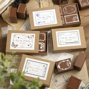 Houten rubberen stempelset voor journaling en DIY ambachten, vintage retro stijl stempeldoos.
