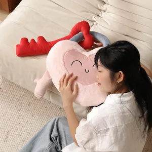 Plush heart-shaped lock pillow and key cushion set, soft cozy home decor for sofa and bed.