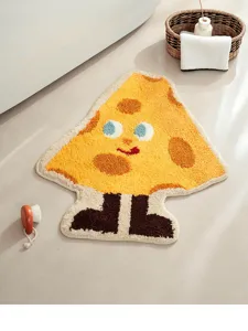 Cute cartoon character detail view, soft microfiber floor mat, absorbent bathroom rug for home decor.