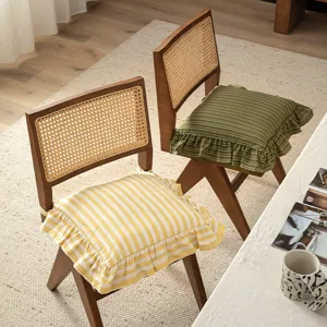 Cotton striped chair cushion with ruffled edge, soft anti-slip seat pad for dining room.