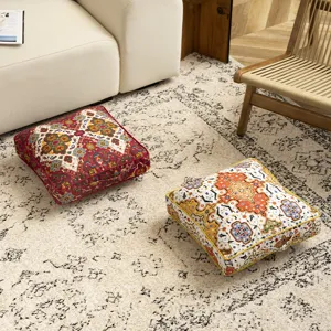 Vintage ethnic style square floor cushion detail, comfortable tatami pouf for home use.