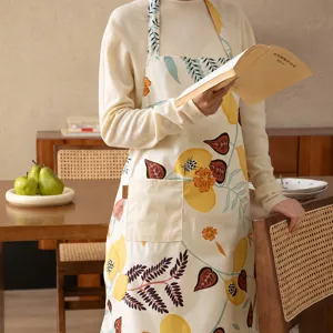 Kitchen apron for cooking, waterproof and oil-proof cotton linen with lemon print, stylish.