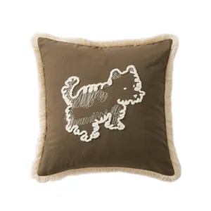 Decorative throw pillow cover with cute embroidered dog and plush fringe edge for sofa bed.