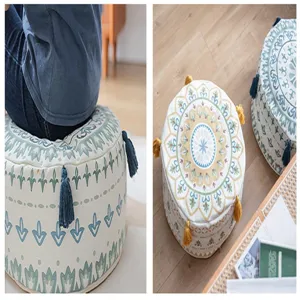 Nordic minimalist geometric printed round floor pouf cushion with tassels for living room balcony
