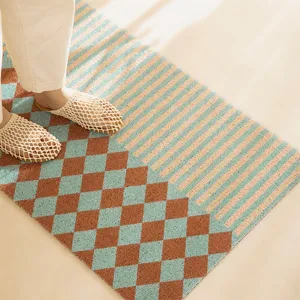 Retro Mid Century Checkered Doormat PVC Silk Loop Anti Slip Entrance Mat Dirt Resistant Floor Mat For Porch Home Decor