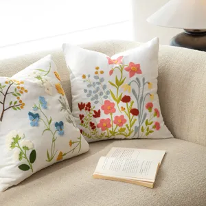 Stile Nordico Botanico Floreale Ricamato Misto Poliestere Lino Federa per Cuscino Soggiorno Divano Comodino Cuscino Decorativo