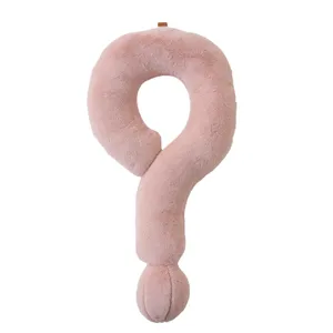 Cute pink question mark plush neck pillow, soft stuffed sofa cushion for living room nap.