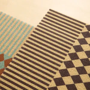 Retro geometric doormat featuring striped and checkered patterns, durable entrance mat.
