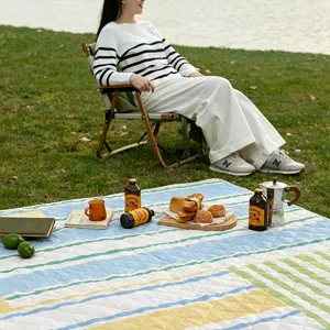 Thickened waterproof outdoor picnic mat with colorful dopamine stripes, portable camping rug.