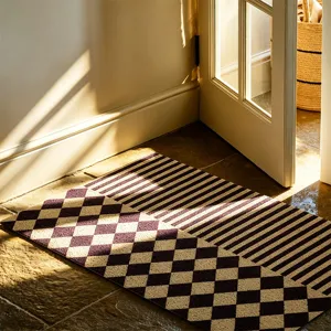 Vintage grid and stripe doormat for home entrance, non-slip PVC noodle mat for indoor floor decor.
