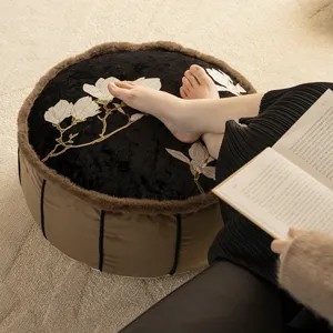 Round magnolia embroidered floor cushion ottoman for cozy living room home decor tatami