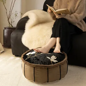 New Chinese style round embroidered magnolia floor pouffe tatami cushion for cozy living room