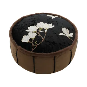 Round floral embroidered floor cushion pouf velvet tatami meditation seat with brown faux fur