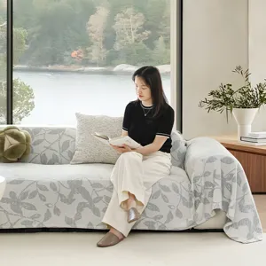 Summer ice silk cream style sofa cover with grey leaf print for living room decor
