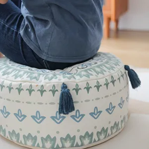 Nordic geometric printed round floor pouf cushion with tassels for living room and tatami mat.