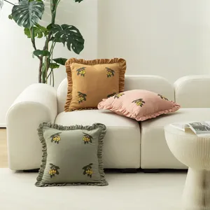 Decorative embroidered cushion cover with ruffled edge, stylish fruit sofa pillow cover.