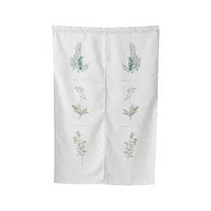 Linen-textured fabric door curtain, two-piece botanical print rod pocket short curtain for home.