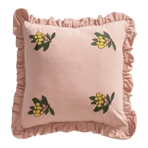 Pink ruffled throw pillow cover with embroidered loquat fruit patterns for living room sofa use.