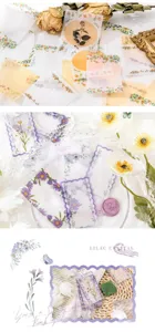 Close-up details of vintage floral memo pads and lace-edge stationery stickers for journaling.