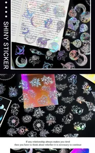 Holographic decorative stickers with space and floral designs for journaling and crafts.