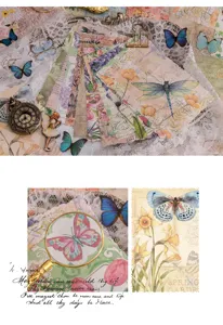 Detalle papel scrapbooking vintage, diseño mariposa floral encaje decorativo, manualidades.