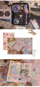 Set de papel para scrapbooking vintage con motivos florales y espaciales para manualidades.