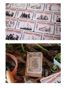 Detailansicht des Atlantis estate Schaumstoffstempels mit botanischem Design für Journal.