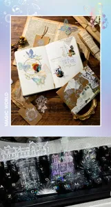 Laser PET heet stempelen decoratieve stickers gedetailleerd overzicht met vintage ontwerpen.