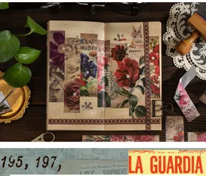 Vintage langer Streifen Sticker Set fuer Tagebuch Dekoration, retro Blumen und Zeitungsmuster.
