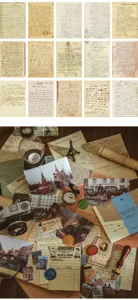 Σετ υλικών vintage γραφικής ύλης με ρετρό γράμματα και χαρτί για junk journal.