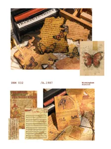 Détail de papier de journalisation vintage avec motifs rétro papillon et partition.