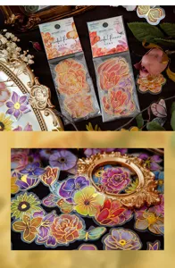Ensemble d'autocollants de fleurs dorées en PET coloré pour la décoration de scrapbooking.