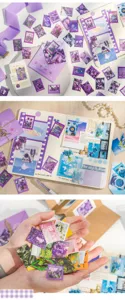 Gedetailleerd overzicht van Sugar Poem papier stickerpakket, postserie journal DIY.