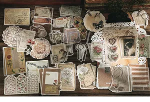 Detailed view of vintage washi sticker material pack, retro journal DIY decorative supplies.