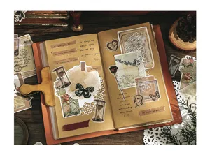 Vintage washi sticker pack and journal decoration details, retro aesthetic stationery elements.