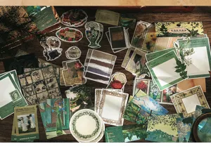 Close-up detail of vintage washi paper sticker pack with artistic retro memo pads and cards.