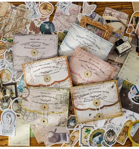 Vintage material pack with 6 styles of bags and decorative stickers for journal art collages.