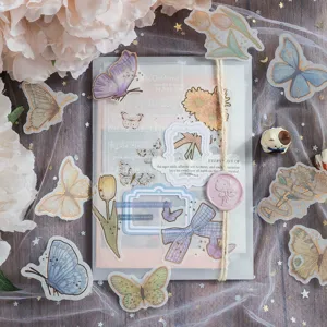 Washi sticker pack and material paper set featuring gold stamping butterflies and flowers for journaling.