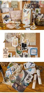 Vintage scrapbooking material pack close-up, retro journal stickers and decorative paper details.