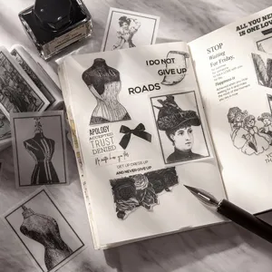 Libro de material de diario vintage en blanco y negro, pegatinas retro de papel sulfuricado.