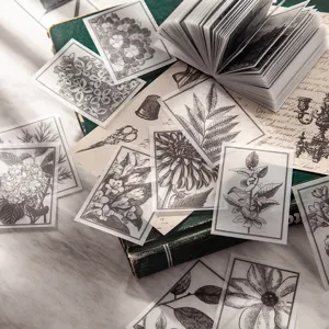 Set de pegatinas de papel de calco botánico vintage en blanco y negro para diarios
