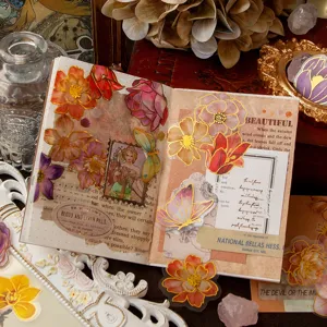 Lot d'autocollants floraux dorés PET, autocollants décoratifs botaniques vintage pour carnet.