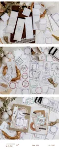 Detailed view of vintage border memo pads and decorative journaling stickers for DIY crafts.