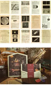 Vintage σετ υλικών γραφικής ύλης με ρετρό αστρονομικές σελίδες βιβλίων και φακέλους.
