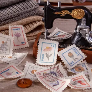 Ensemble d'autocollants de timbres en tissu botaniques vintage pour journal et loisirs.