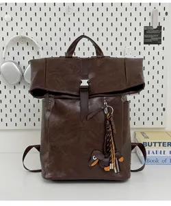 Brown PU leather roll-top backpack, large capacity laptop bag for daily commute and school.