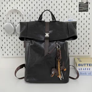 Black PU leather roll-top backpack, large capacity casual daypack for daily commute school.