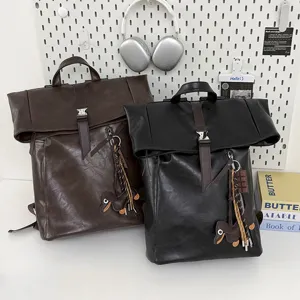 Stylish large capacity roll top PU leather backpack for daily commute and college students.