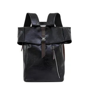 Black PU leather roll top backpack for men and women large capacity laptop school bag